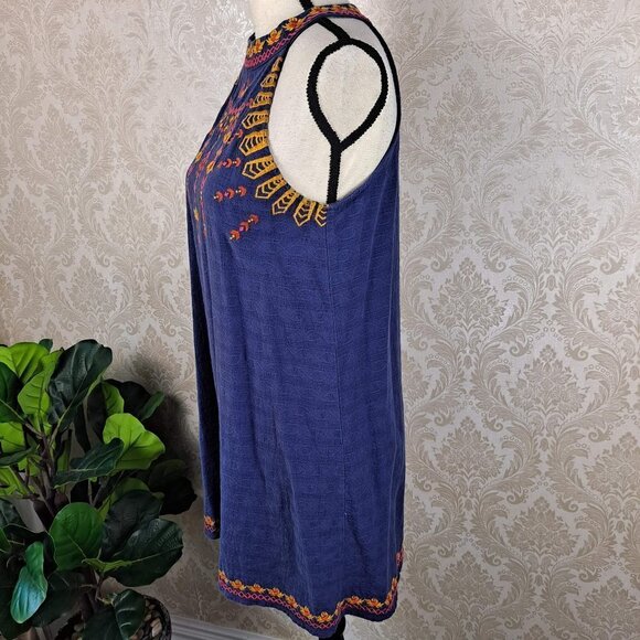 THML Size Medium Blue Cotton Halter Neck Shift Dress Embroidery Detail Boho - Picture 5 of 13